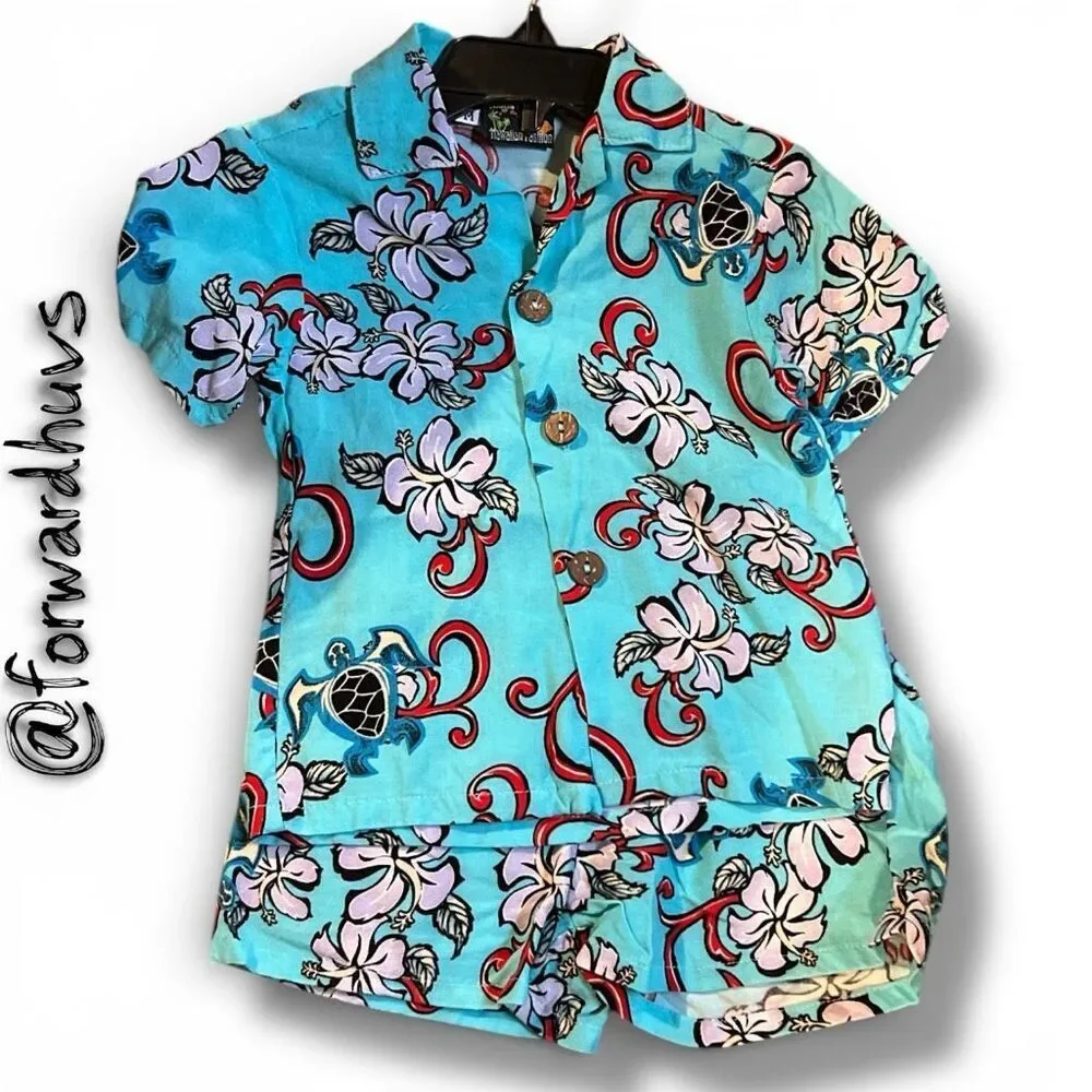 Vintage Hawaiian Baby Set Shirt & Shorts – Sea Turtle Floral Print – Size 12M